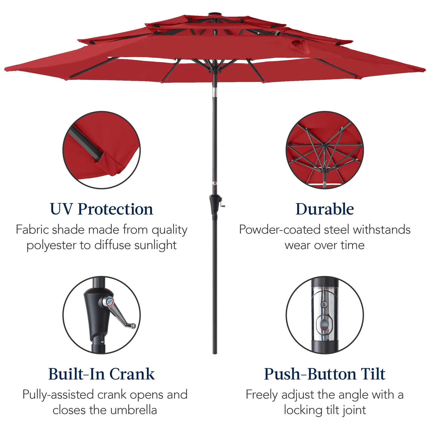 10Ft 3-Tier Patio Umbrella, Market Sun Shade W/ Tilt Adjustment, Easy Crank - Red