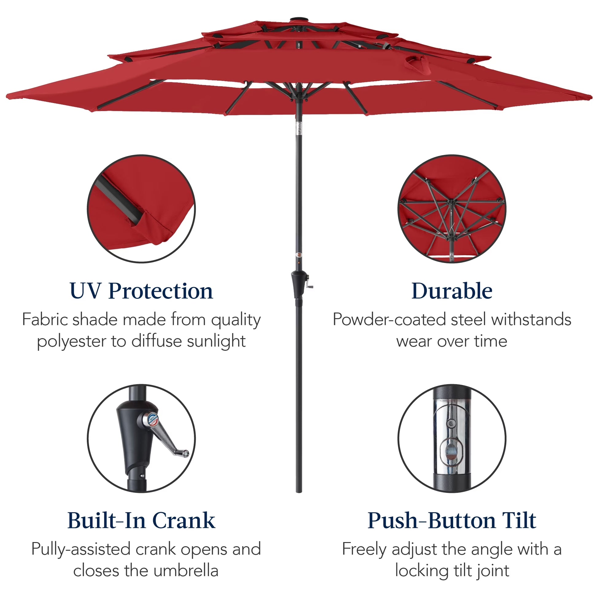 10Ft 3-Tier Patio Umbrella, Market Sun Shade W/ Tilt Adjustment, Easy Crank - Red