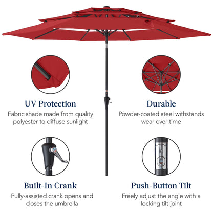 10Ft 3-Tier Patio Umbrella, Market Sun Shade W/ Tilt Adjustment, Easy Crank - Red