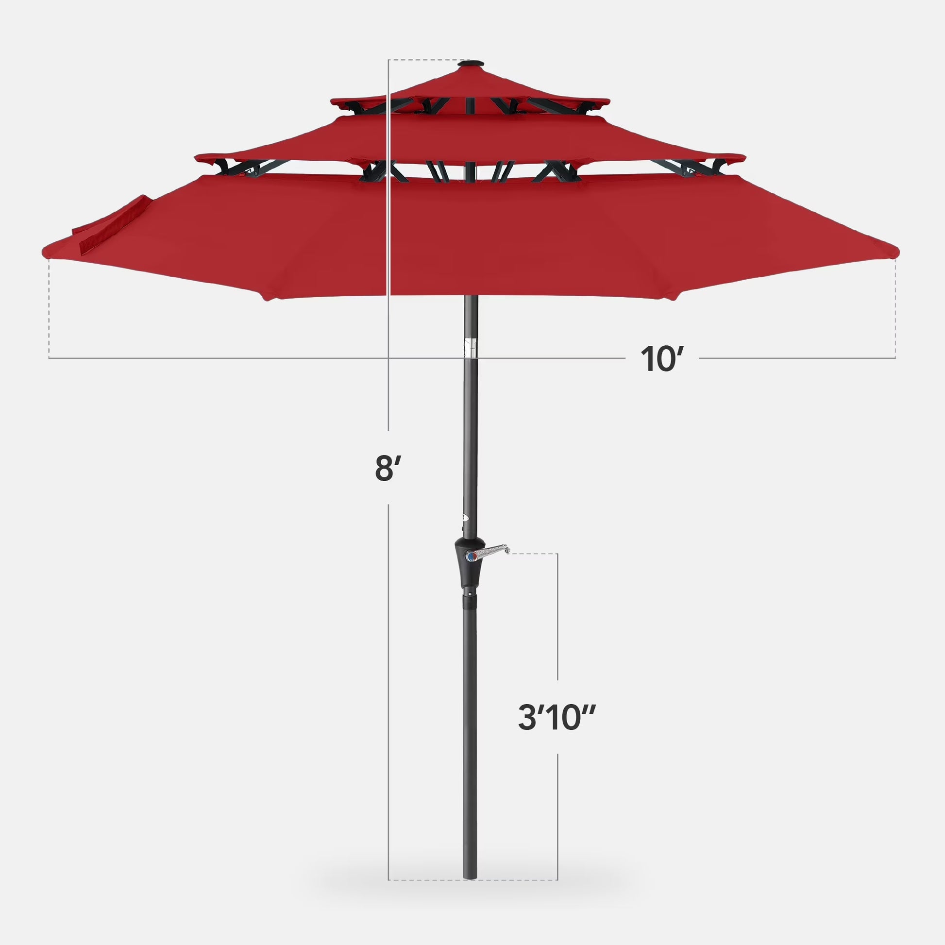 10Ft 3-Tier Patio Umbrella, Market Sun Shade W/ Tilt Adjustment, Easy Crank - Red