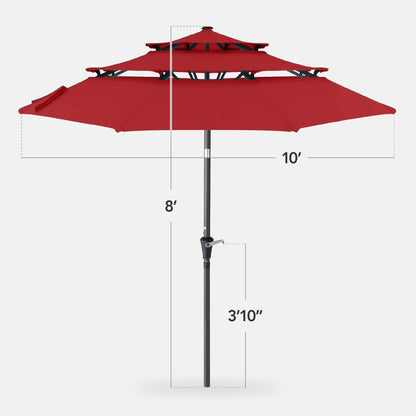 10Ft 3-Tier Patio Umbrella, Market Sun Shade W/ Tilt Adjustment, Easy Crank - Red