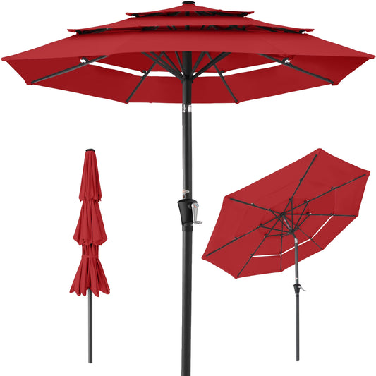 10Ft 3-Tier Patio Umbrella, Market Sun Shade W/ Tilt Adjustment, Easy Crank - Red
