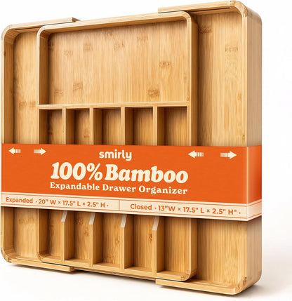 Adjustable Bamboo Kitchen Drawer Organizer – Premium Silverware and Utensil Holder with Divider Trays for Optimal Flatware Storage