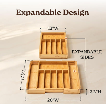 Adjustable Bamboo Kitchen Drawer Organizer – Premium Silverware and Utensil Holder with Divider Trays for Optimal Flatware Storage