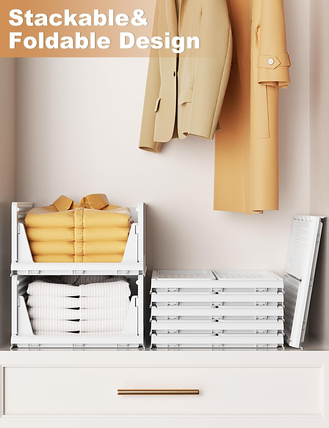 Closet Organizer System, Stackable Plastic Clothes Storage Basket, Stackable, Foldable Organizers for Wardrobe Clothes Organizer Suitable for Bedrooms Bathrooms Kitchen Living Rooms (2Pack)