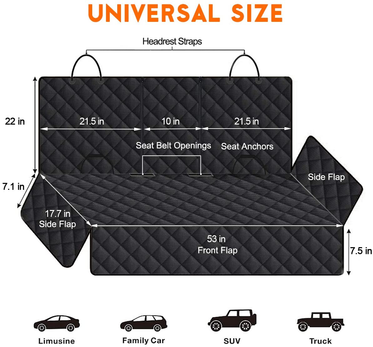 Waterproof Dog Car Seat Cover - Durable Back Seat Protector for Most Cars, SUVs, and Trucks (53” Width) - Black