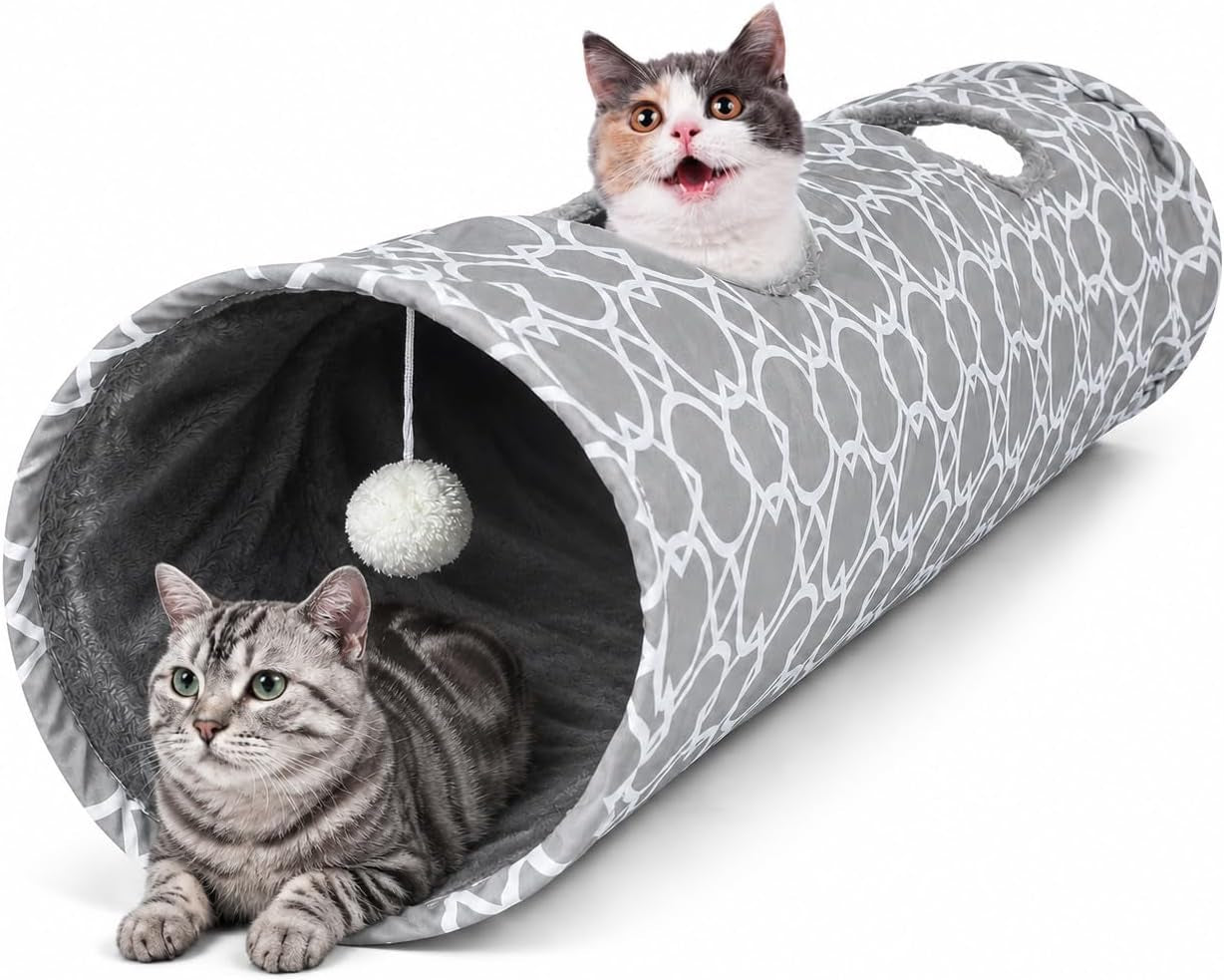 Geometric Collapsible Cat Tunnel with Plush Lining, Includes Play Balls, Suitable for Cats, Rabbits, Kittens, Ferrets, and Puppies, 9.8-Inch Diameter