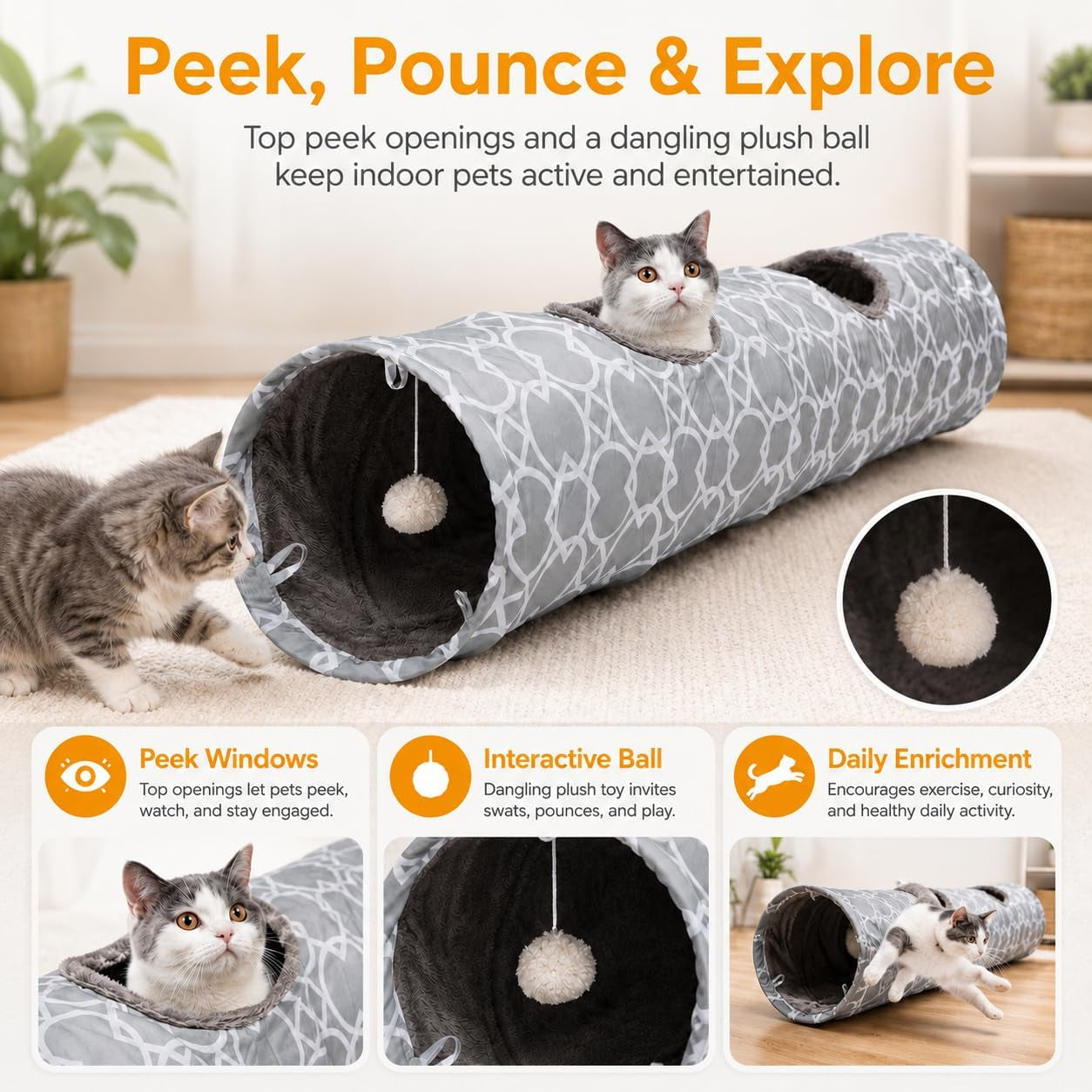 Geometric Collapsible Cat Tunnel with Plush Lining, Includes Play Balls, Suitable for Cats, Rabbits, Kittens, Ferrets, and Puppies, 9.8-Inch Diameter