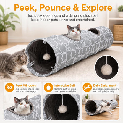 Geometric Collapsible Cat Tunnel with Plush Lining, Includes Play Balls, Suitable for Cats, Rabbits, Kittens, Ferrets, and Puppies, 9.8-Inch Diameter