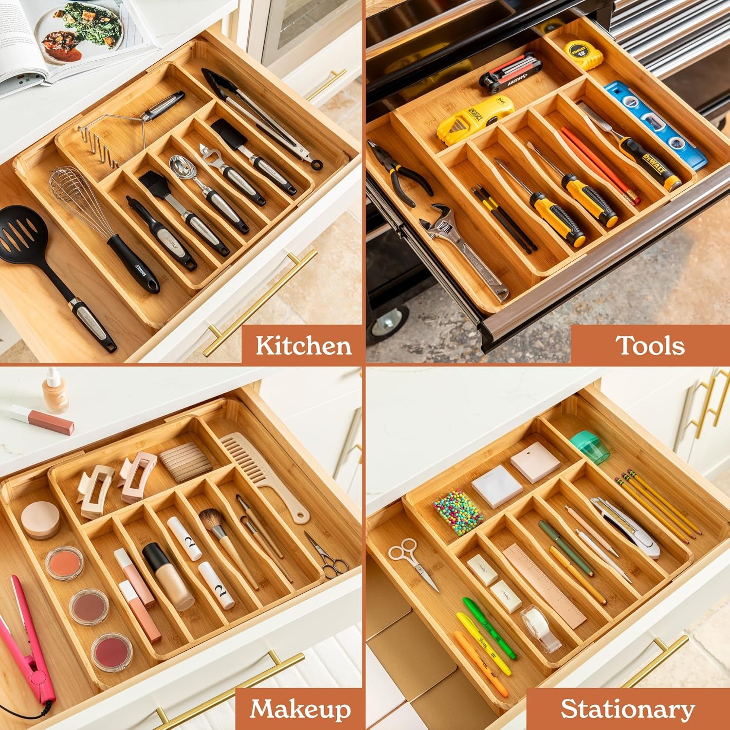 Adjustable Bamboo Kitchen Drawer Organizer – Premium Silverware and Utensil Holder with Divider Trays for Optimal Flatware Storage