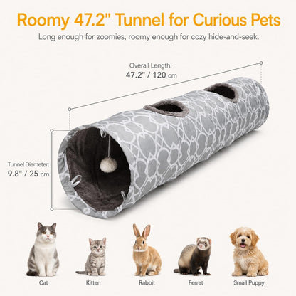 Geometric Collapsible Cat Tunnel with Plush Lining, Includes Play Balls, Suitable for Cats, Rabbits, Kittens, Ferrets, and Puppies, 9.8-Inch Diameter