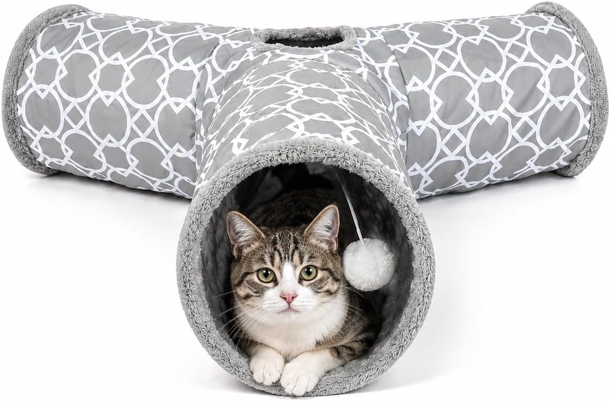 Geometric Collapsible Cat Tunnel with Plush Lining, Includes Play Balls, Suitable for Cats, Rabbits, Kittens, Ferrets, and Puppies, 9.8-Inch Diameter