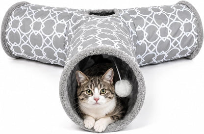 Geometric Collapsible Cat Tunnel with Plush Lining, Includes Play Balls, Suitable for Cats, Rabbits, Kittens, Ferrets, and Puppies, 9.8-Inch Diameter