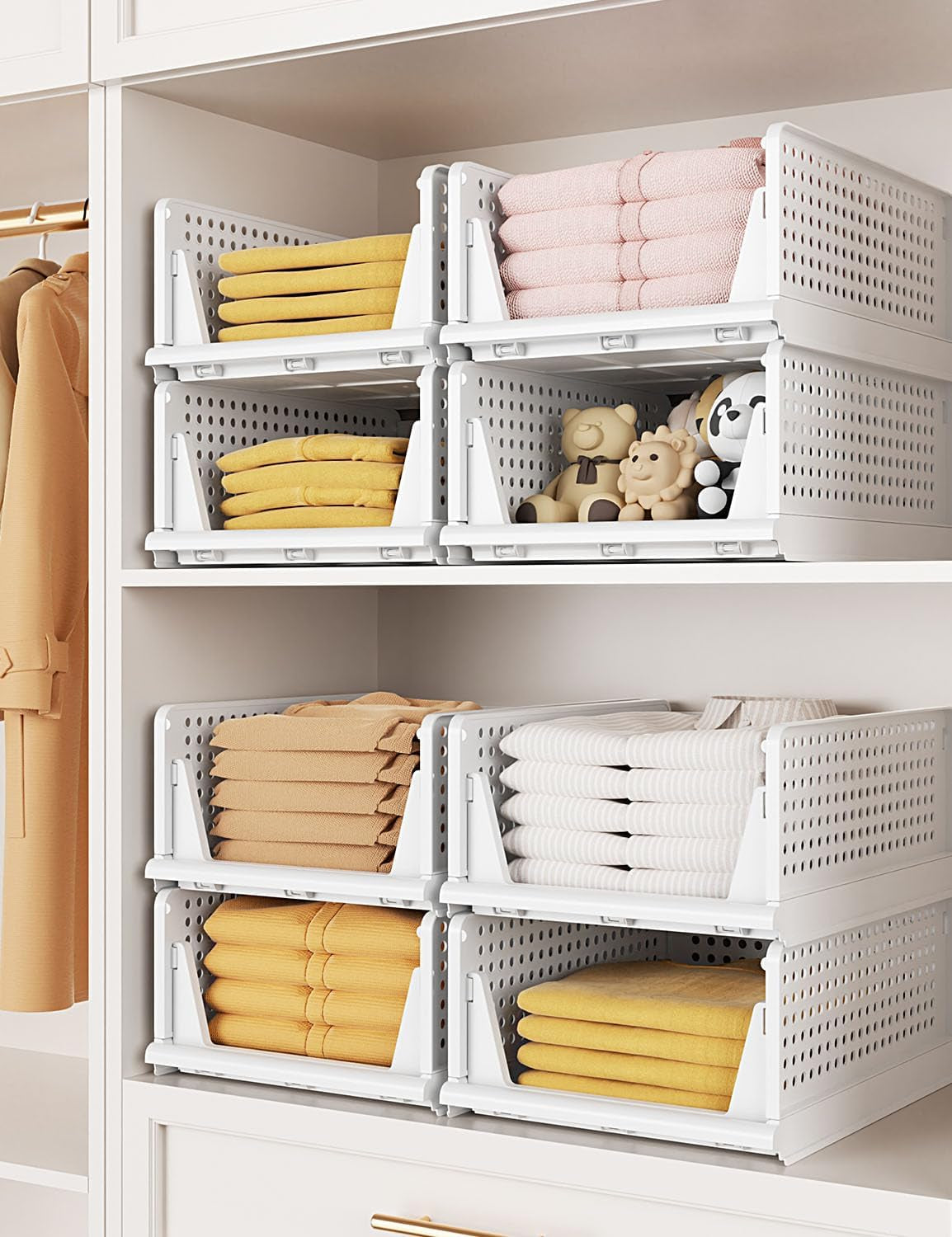 Closet Organizer System, Stackable Plastic Clothes Storage Basket, Stackable, Foldable Organizers for Wardrobe Clothes Organizer Suitable for Bedrooms Bathrooms Kitchen Living Rooms (2Pack)