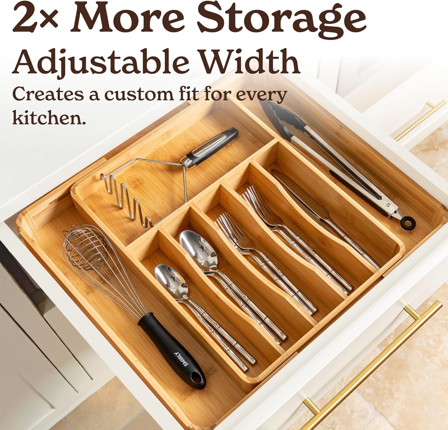 Adjustable Bamboo Kitchen Drawer Organizer – Premium Silverware and Utensil Holder with Divider Trays for Optimal Flatware Storage