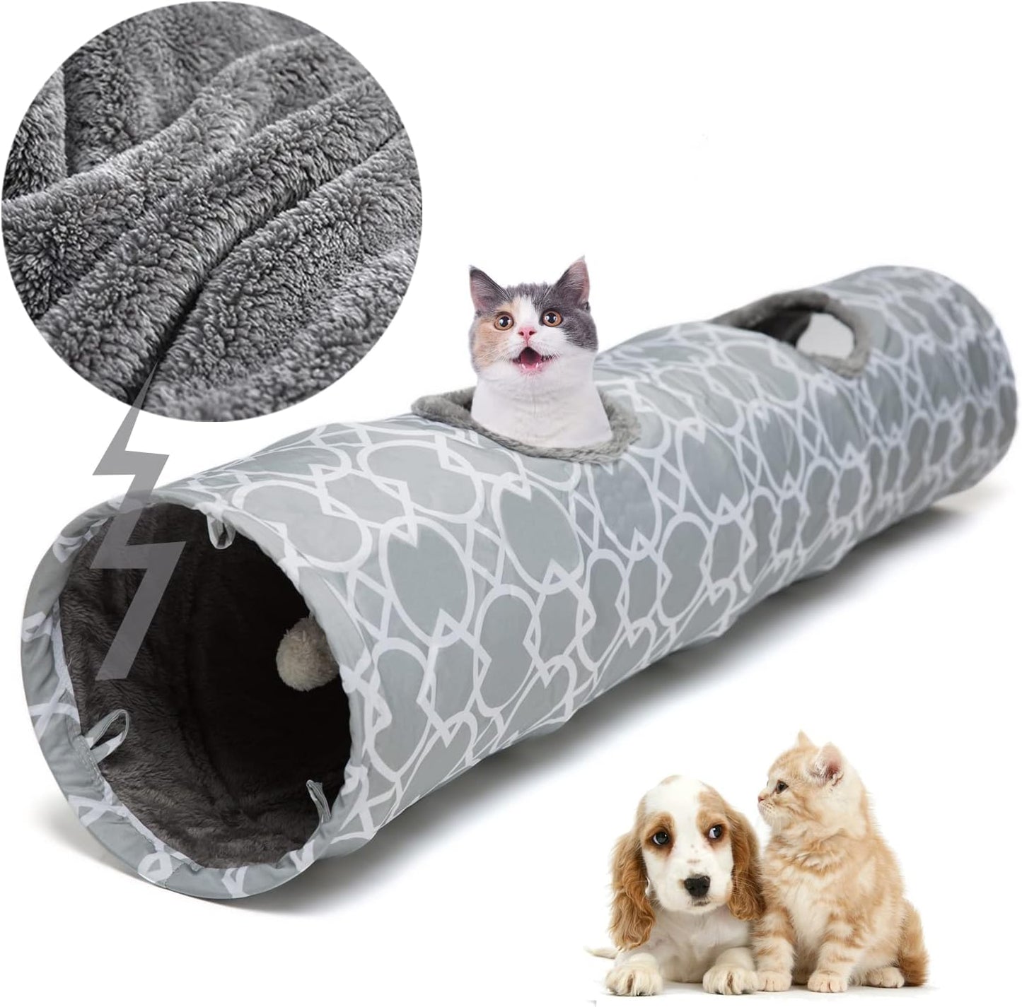 Geometric Collapsible Cat Tunnel with Plush Lining, Includes Play Balls, Suitable for Cats, Rabbits, Kittens, Ferrets, and Puppies, 9.8-Inch Diameter