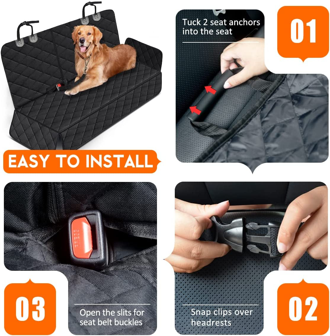 Waterproof Dog Car Seat Cover - Durable Back Seat Protector for Most Cars, SUVs, and Trucks (53” Width) - Black