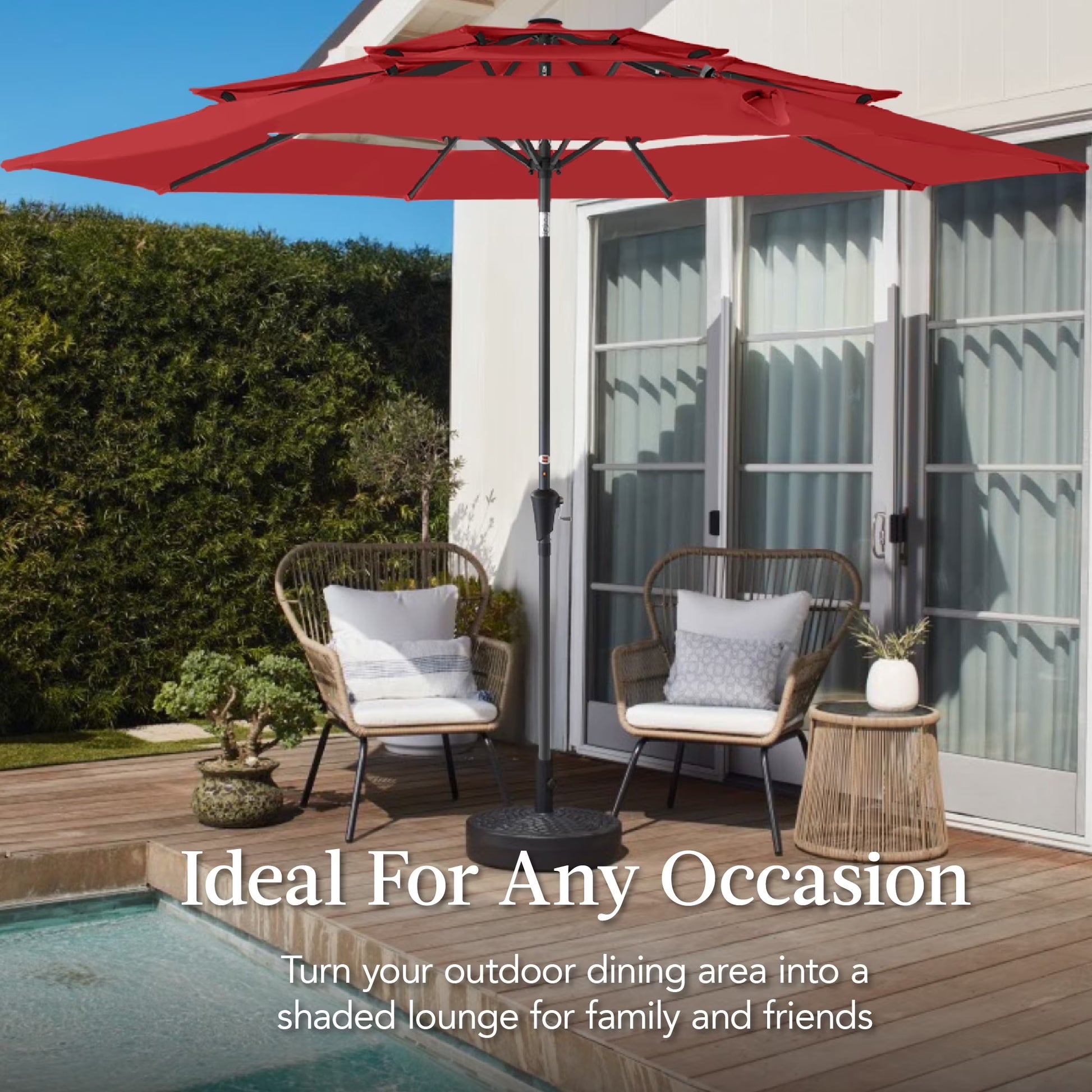 10Ft 3-Tier Patio Umbrella, Market Sun Shade W/ Tilt Adjustment, Easy Crank - Red