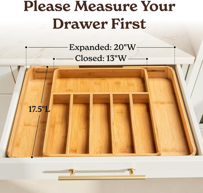Adjustable Bamboo Kitchen Drawer Organizer – Premium Silverware and Utensil Holder with Divider Trays for Optimal Flatware Storage