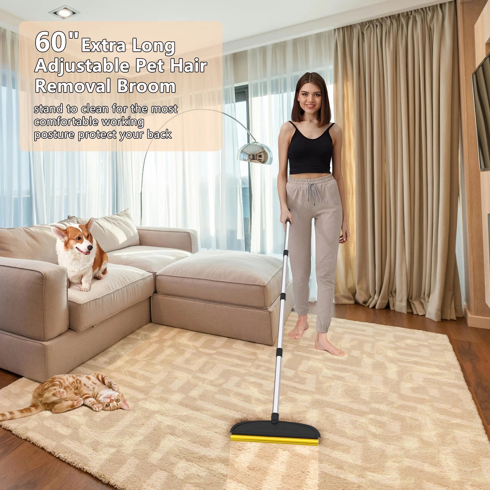 Carpet Rake for Pet Hair Removal: 60" Adjustable Long Handle Pet Hair Removel Tool, 2 in 1 TPU and Copper Pet Hair Remover Broom, Reusable Cat Dog Hair Remover Carpet Scraper