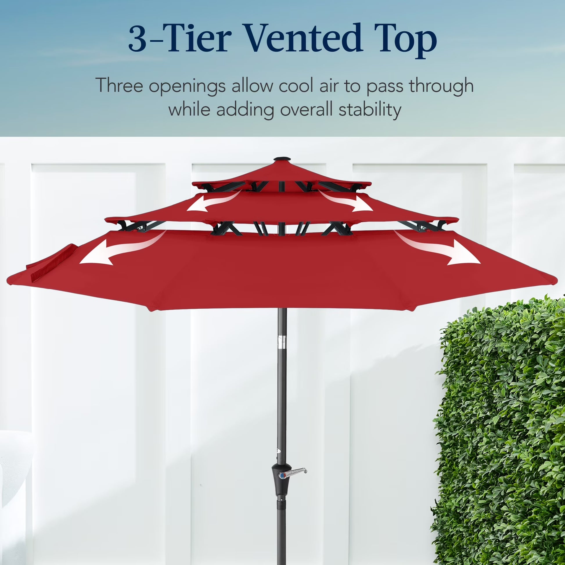 10Ft 3-Tier Patio Umbrella, Market Sun Shade W/ Tilt Adjustment, Easy Crank - Red