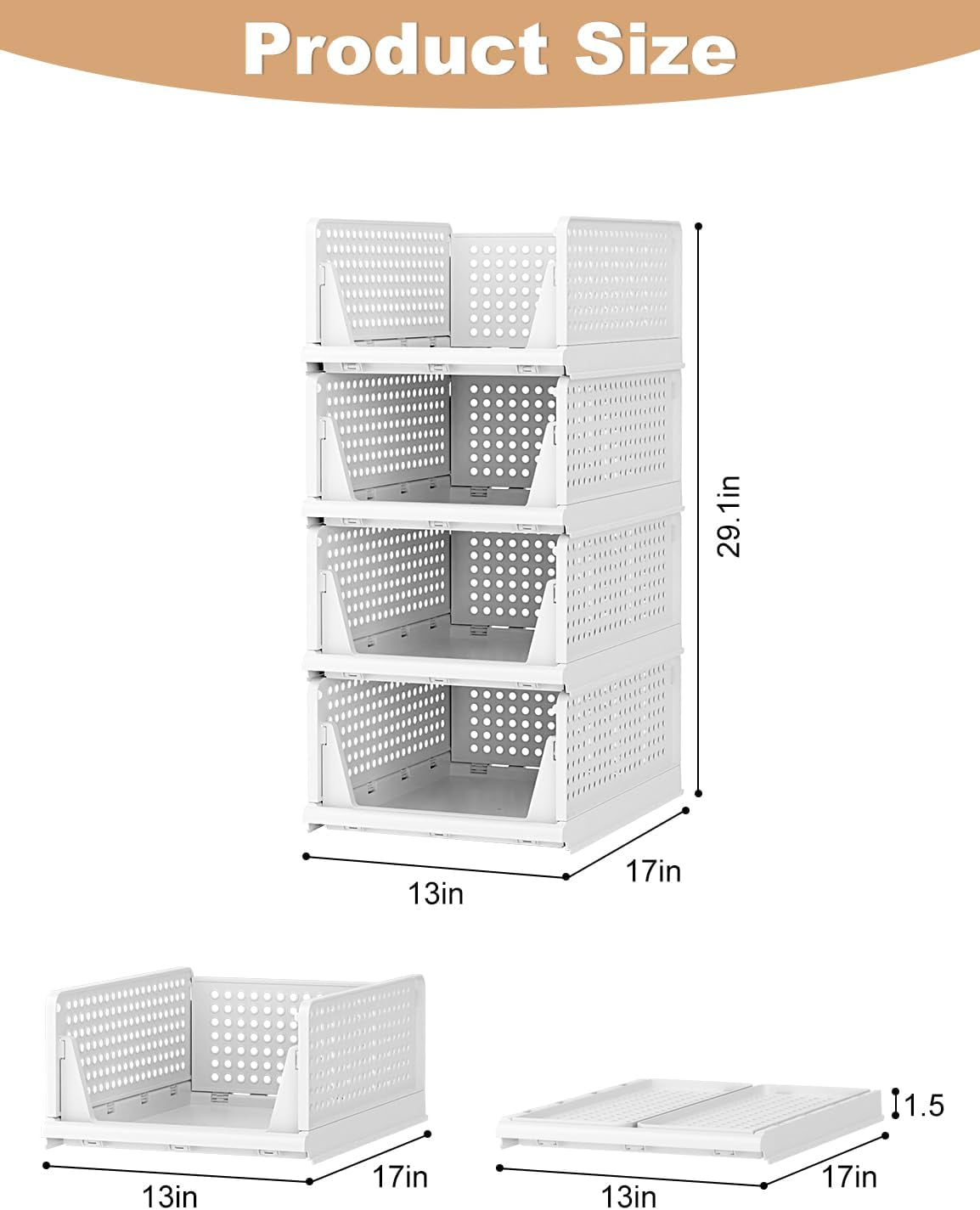 Closet Organizer System, Stackable Plastic Clothes Storage Basket, Stackable, Foldable Organizers for Wardrobe Clothes Organizer Suitable for Bedrooms Bathrooms Kitchen Living Rooms (2Pack)