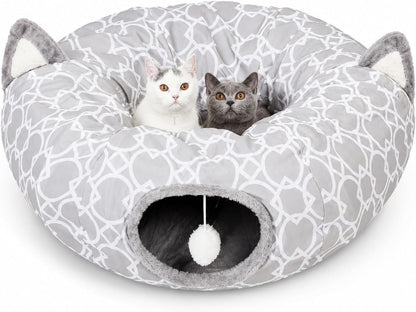 Geometric Collapsible Cat Tunnel with Plush Lining, Includes Play Balls, Suitable for Cats, Rabbits, Kittens, Ferrets, and Puppies, 9.8-Inch Diameter