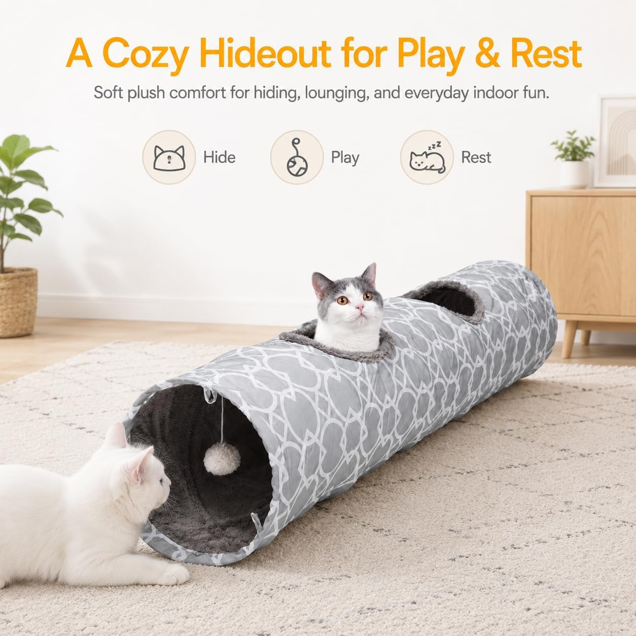 Geometric Collapsible Cat Tunnel with Plush Lining, Includes Play Balls, Suitable for Cats, Rabbits, Kittens, Ferrets, and Puppies, 9.8-Inch Diameter